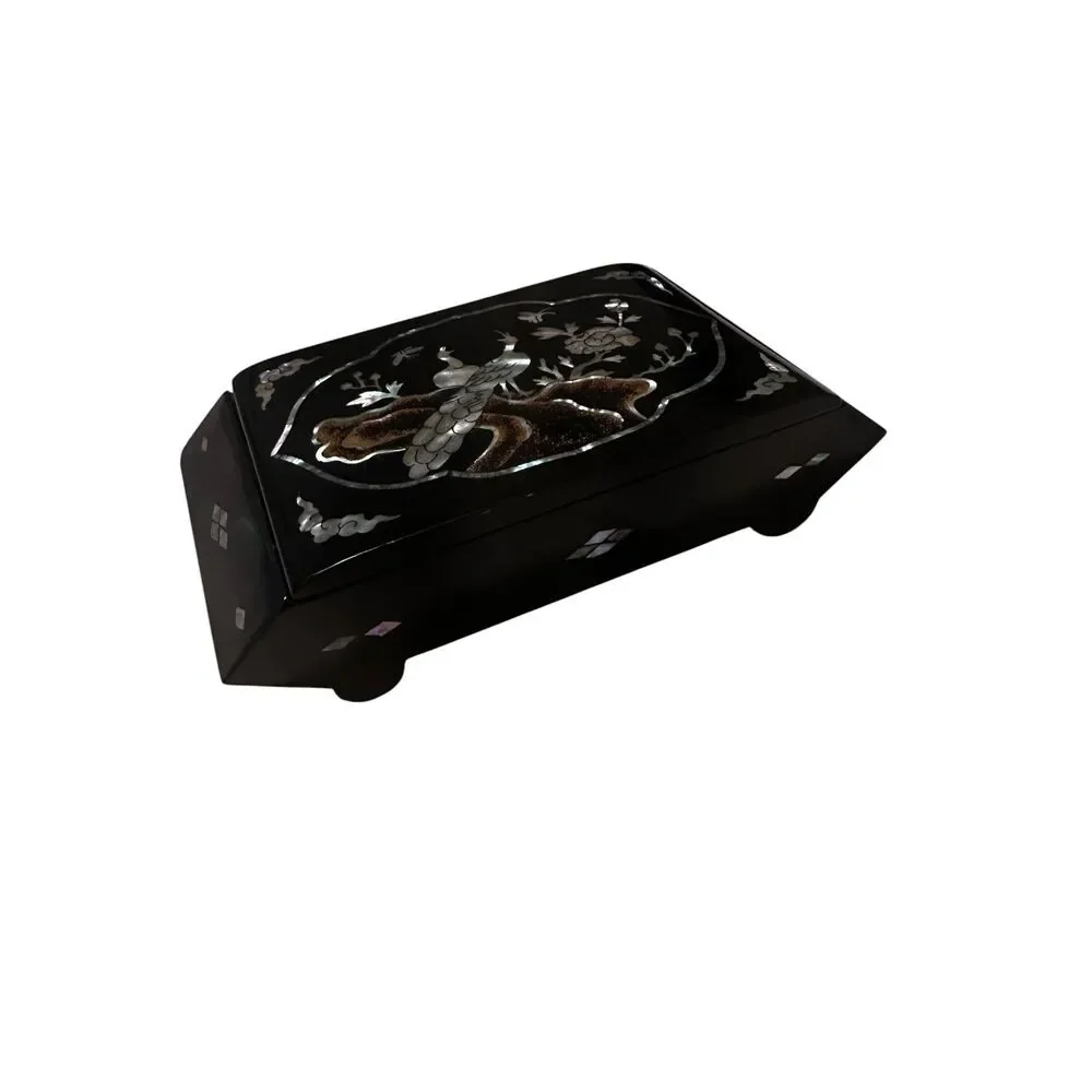 Vintage Chinoiserie Peacock Abalone Black Lacquer Asian Jewelry Trinket Box